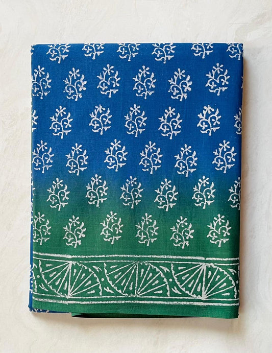Soft Block Printed  Mulmul Cotton Saree (BLUE & GREEN)
