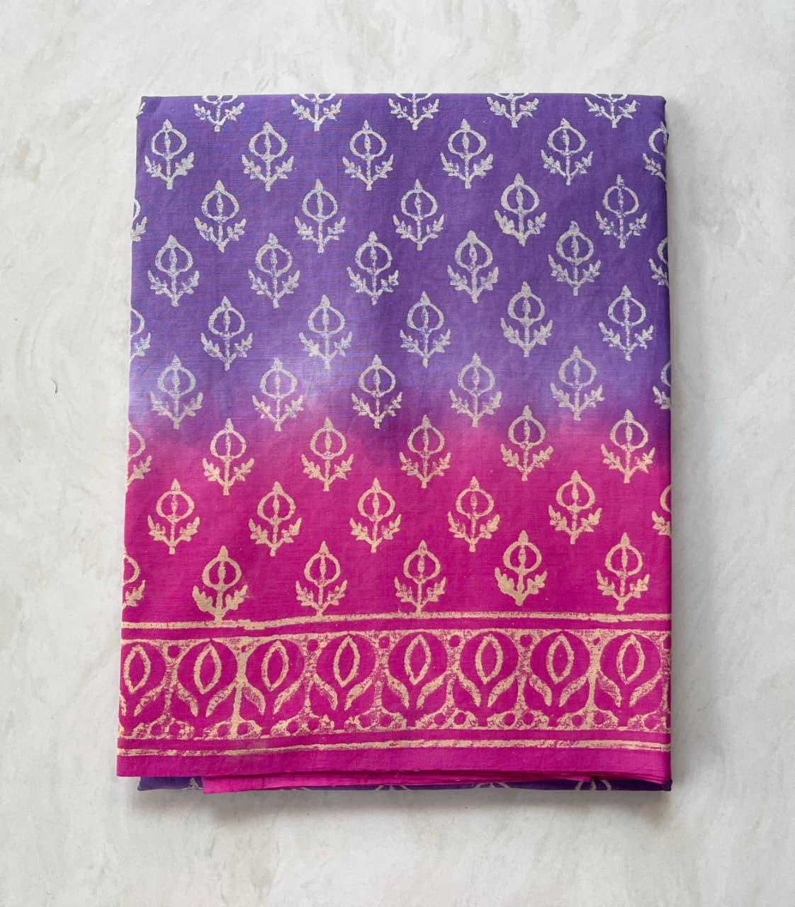 Soft Block Printed  Mulmul Cotton Saree (PURPLE & PINK)