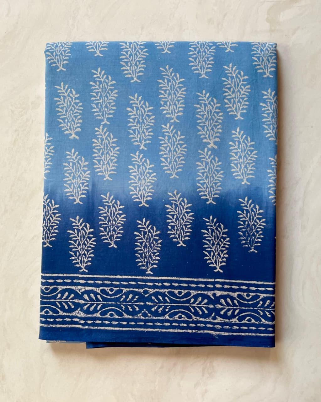 Soft Block Printed  Mulmul Cotton Saree (BLUE)