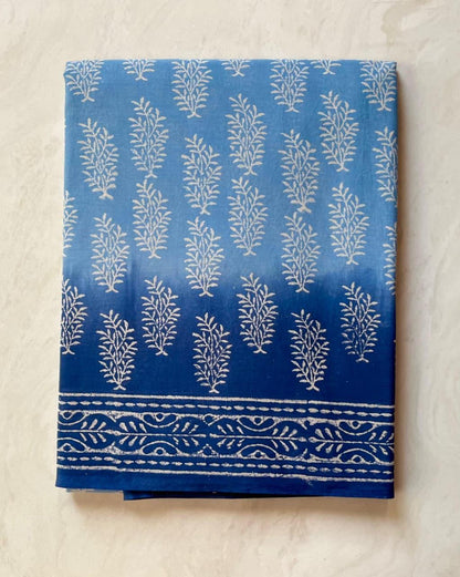 Soft Block Printed  Mulmul Cotton Saree (BLUE)