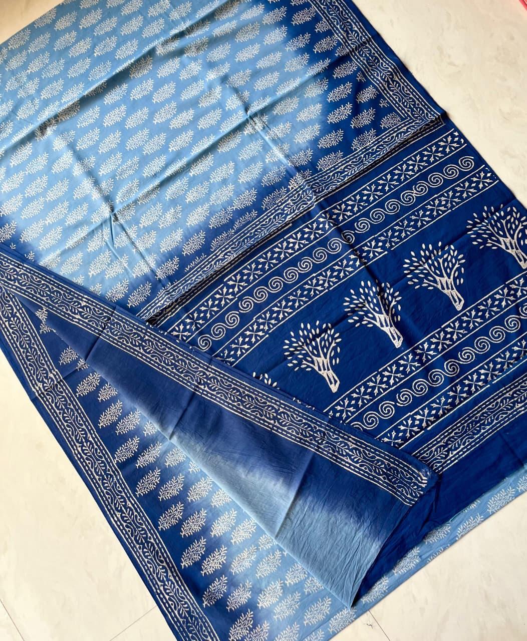Soft Block Printed  Mulmul Cotton Saree (BLUE)