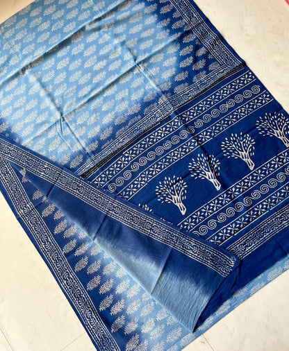 Soft Block Printed  Mulmul Cotton Saree (BLUE)