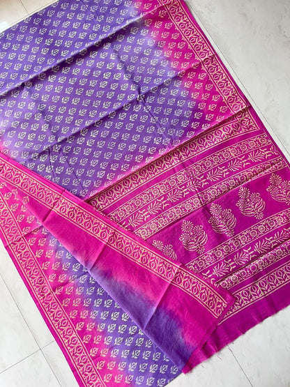 Soft Block Printed  Mulmul Cotton Saree (PURPLE & PINK)