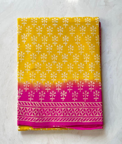 Soft Block Printed  Mulmul Cotton Saree (PINK & YELLOW)