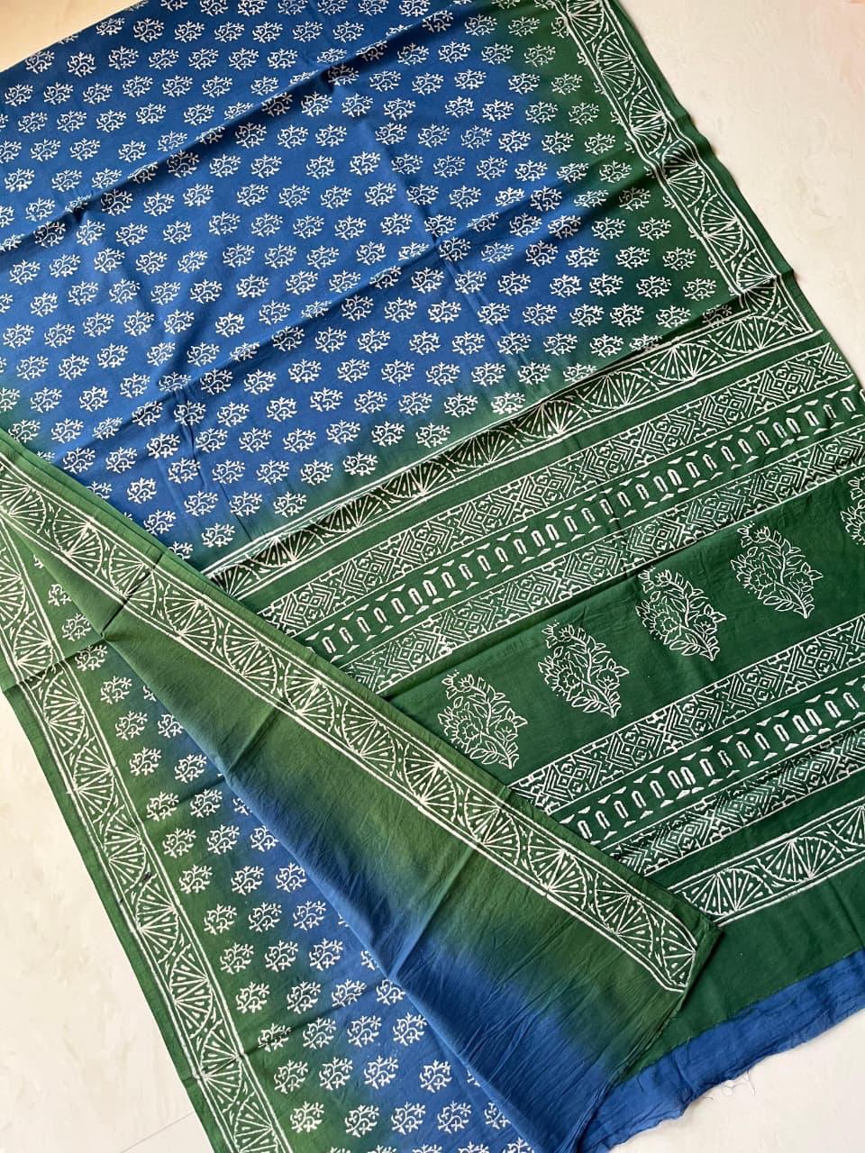 Soft Block Printed  Mulmul Cotton Saree (BLUE & GREEN)