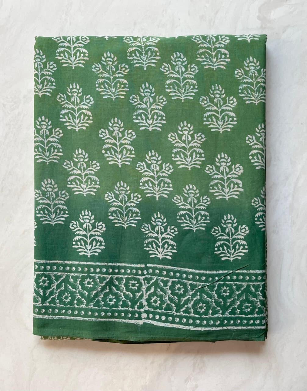 Soft Block Printed  Mulmul Cotton Saree (GREEN)