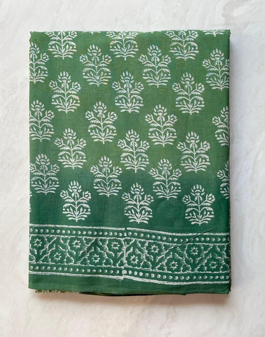 Soft Block Printed  Mulmul Cotton Saree (GREEN)