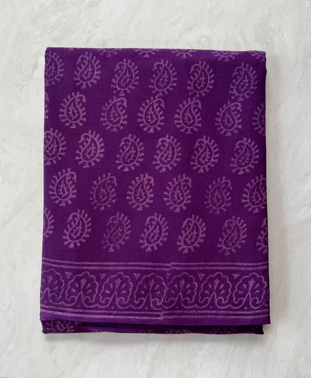 Soft Block Printed  Mulmul Cotton Saree (PURPLE)