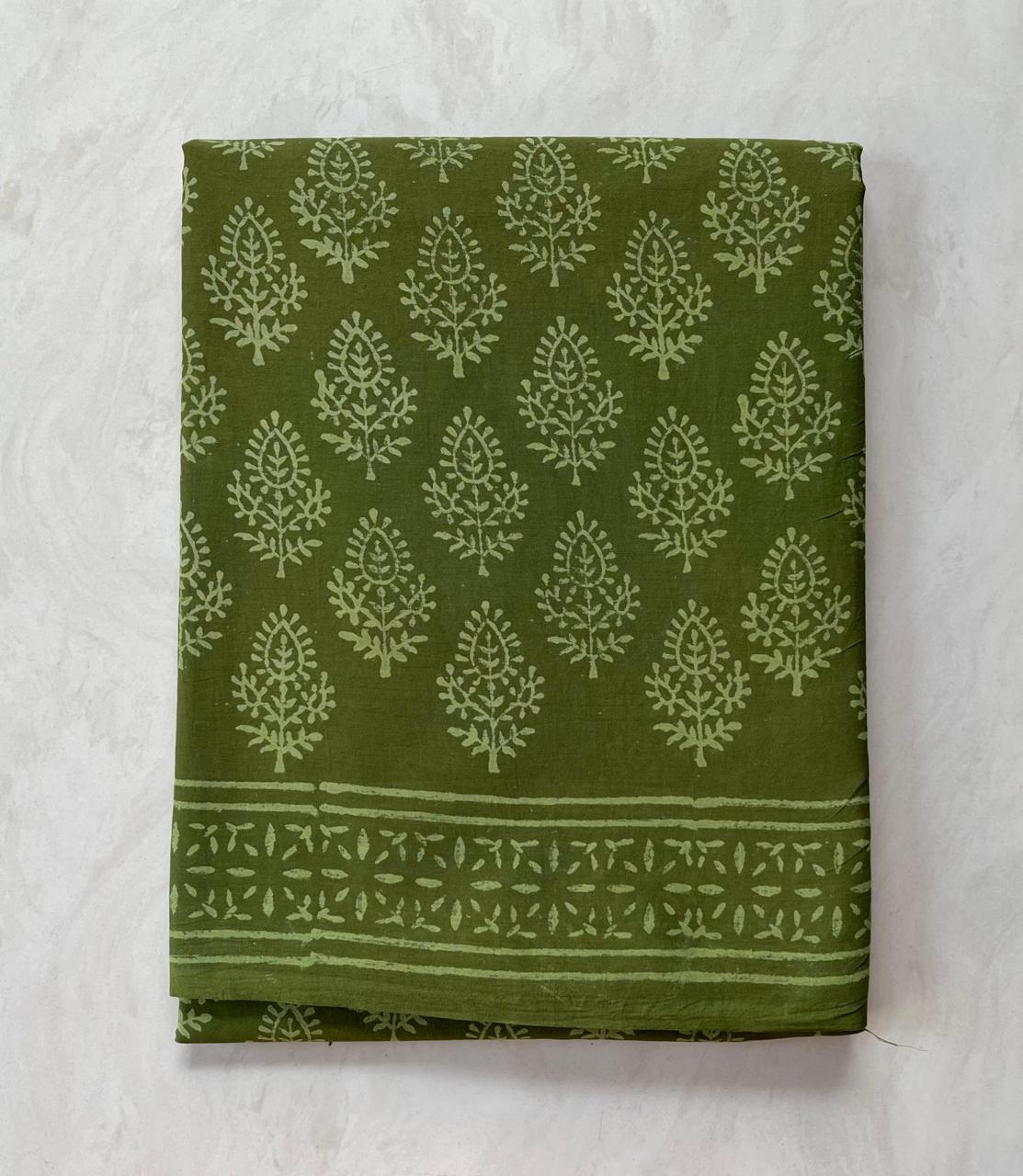 Soft Block Printed  Mulmul Cotton Saree (MEHENDI GREEN)