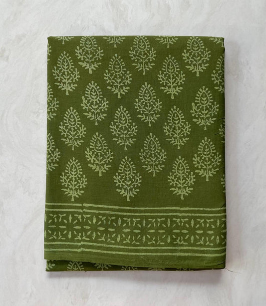 Soft Block Printed  Mulmul Cotton Saree (MEHENDI GREEN)