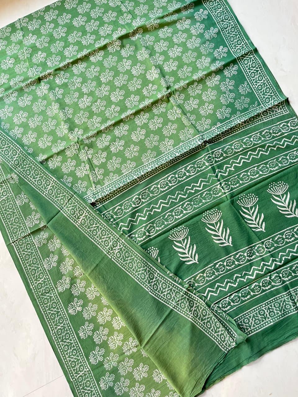 Soft Block Printed  Mulmul Cotton Saree (GREEN)