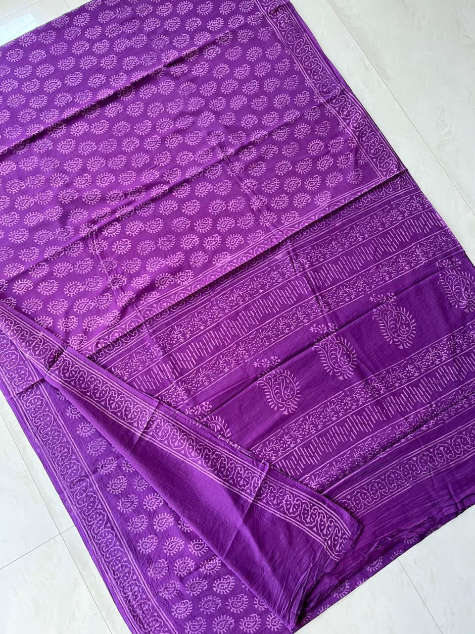 Soft Block Printed  Mulmul Cotton Saree (PURPLE)