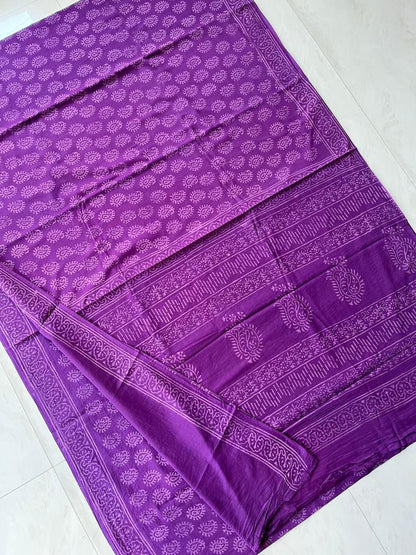 Soft Block Printed  Mulmul Cotton Saree (PURPLE)