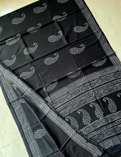 Soft Block Printed  Mulmul Cotton Saree (BLACK)