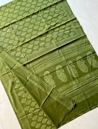 Soft Block Printed  Mulmul Cotton Saree (MEHENDI GREEN)