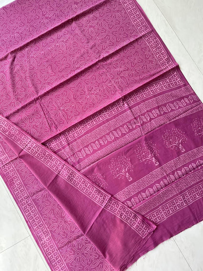 Soft Block Printed  Mulmul Cotton Saree (PURPLE)