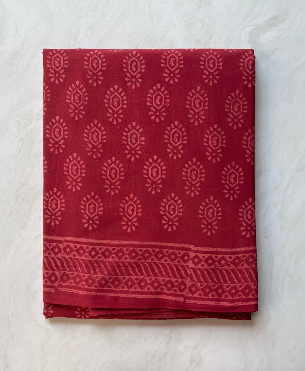 Soft Block Printed  Mulmul Cotton Saree (BEETROOT RED)