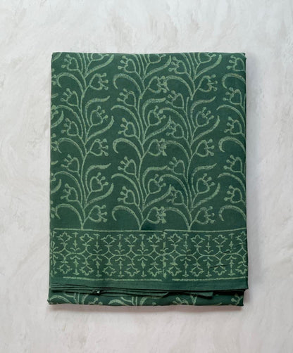 Soft Block Printed  Mulmul Cotton Saree (GREEN)