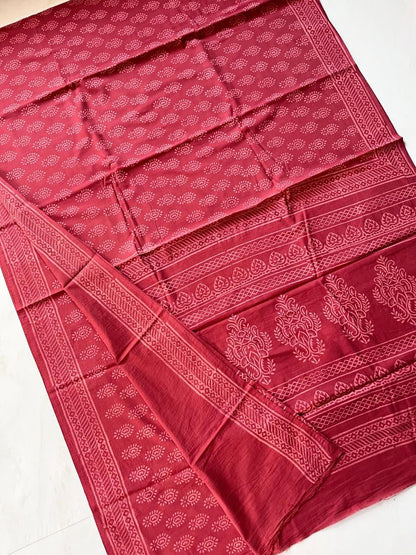 Soft Block Printed  Mulmul Cotton Saree (BEETROOT RED)