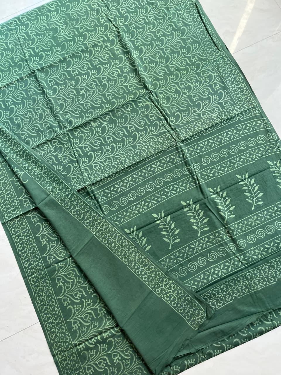 Soft Block Printed  Mulmul Cotton Saree (GREEN)