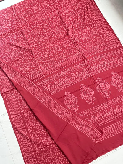 Soft Block Printed  Mulmul Cotton Saree (BEETROOT RED)