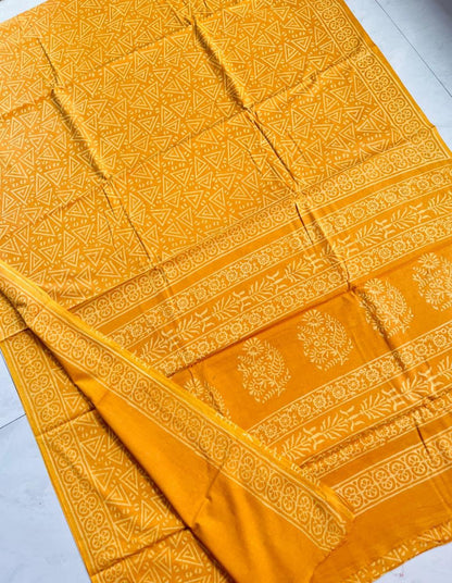 Soft Block Printed  Mulmul Cotton Saree (MUSTARD)