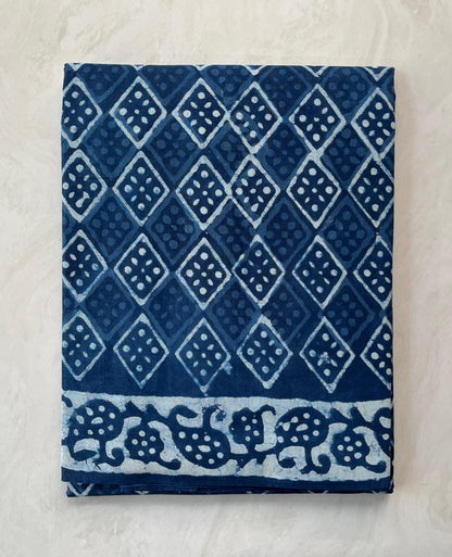Soft Block Printed  Mulmul Cotton Saree (INDIGO)
