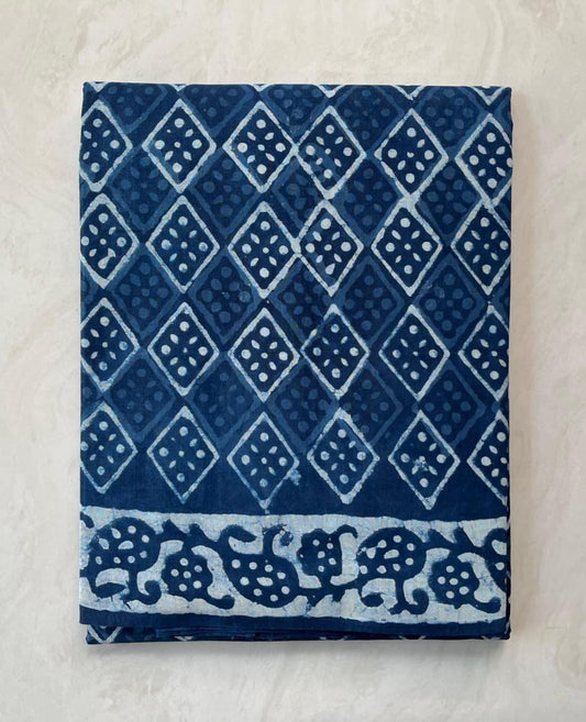 Soft Block Printed  Mulmul Cotton Saree (INDIGO)