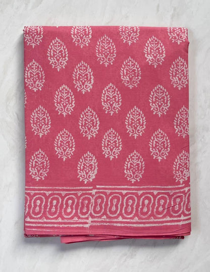 Soft Block Printed  Mulmul Cotton Saree (PINK)