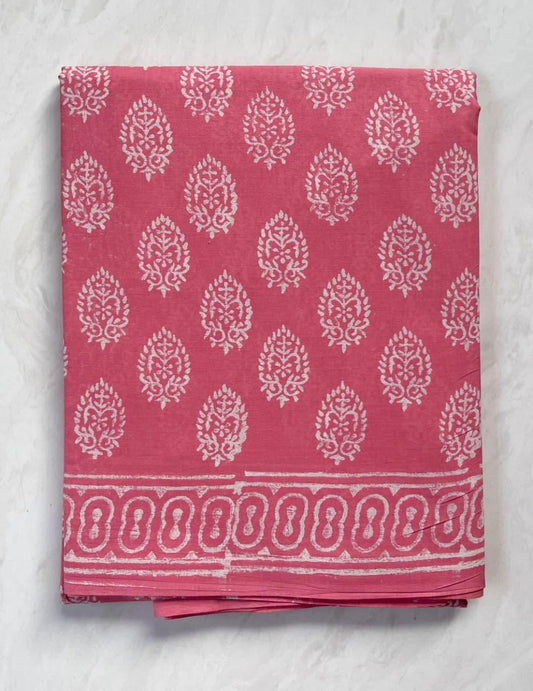 Soft Block Printed  Mulmul Cotton Saree (PINK)