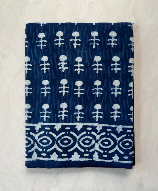 Soft Block Printed  Mulmul Cotton Saree (INDIGO)
