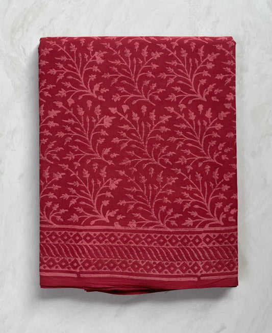Soft Block Printed  Mulmul Cotton Saree (BEETROOT RED)
