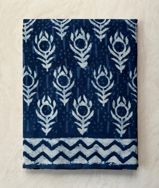 Soft Block Printed  Mulmul Cotton Saree (INDIGO)
