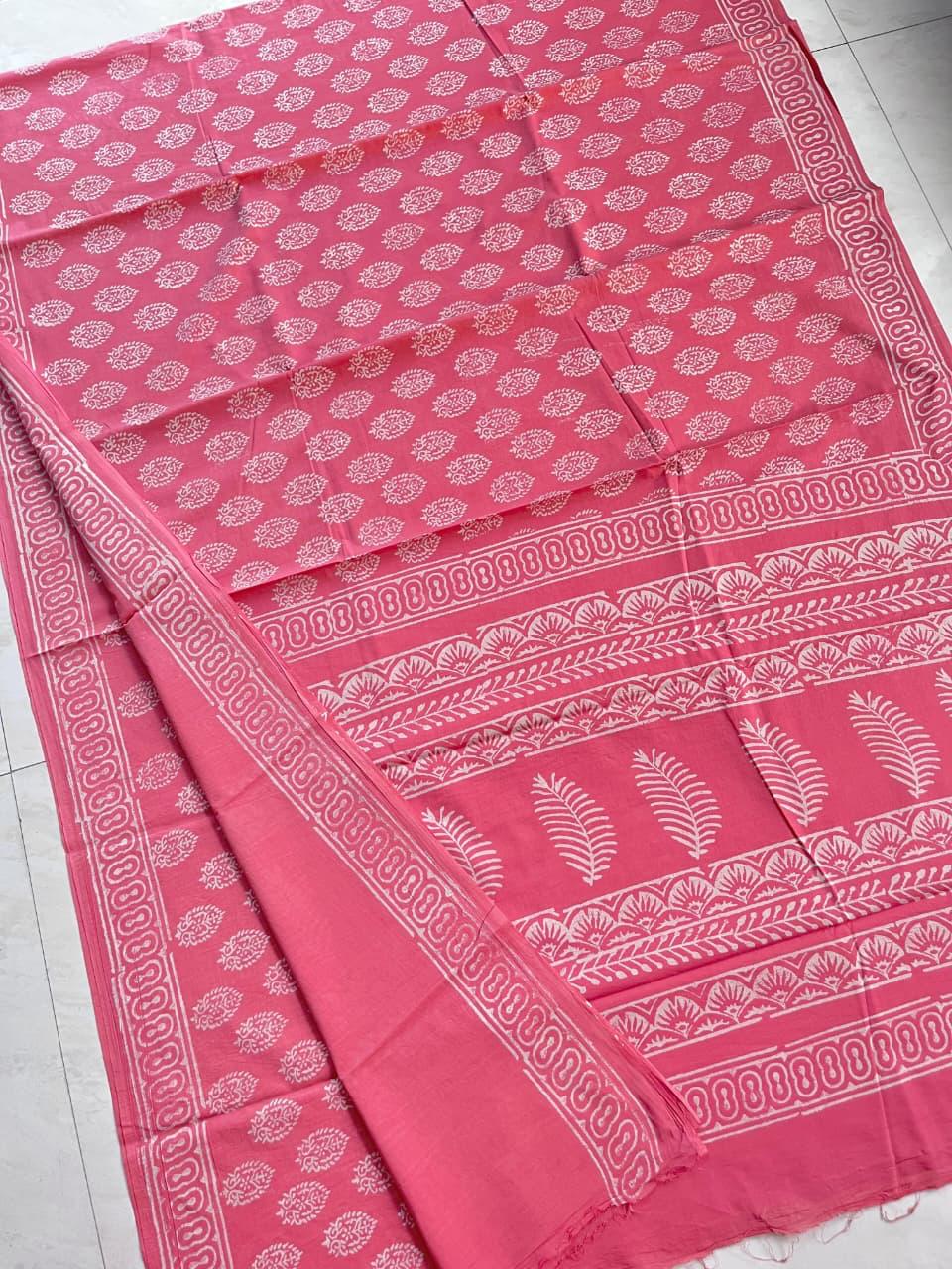 Soft Block Printed  Mulmul Cotton Saree (PINK)