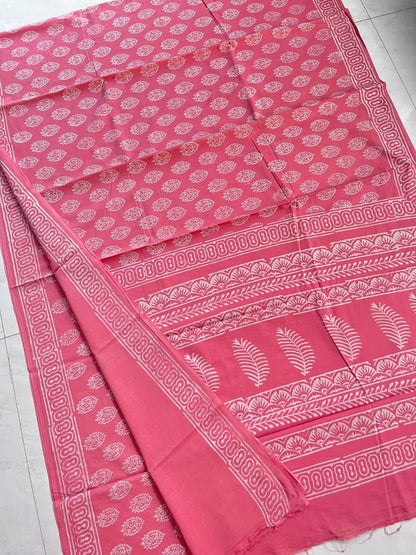 Soft Block Printed  Mulmul Cotton Saree (PINK)
