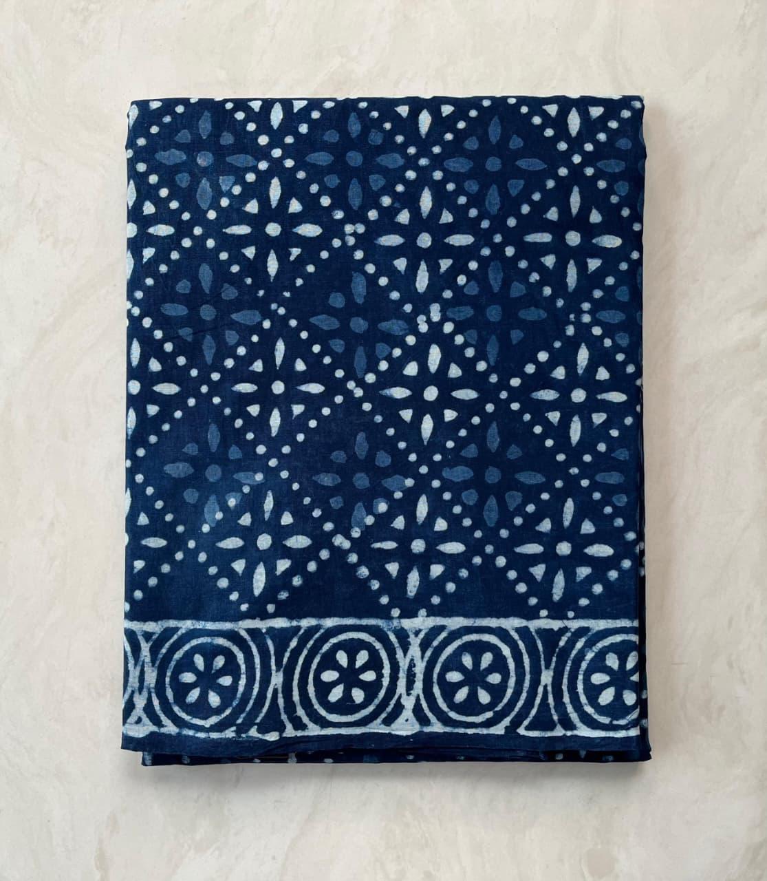 Soft Block Printed  Mulmul Cotton Saree (INDIGO)