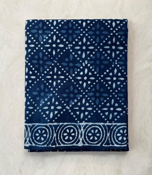 Soft Block Printed  Mulmul Cotton Saree (INDIGO)