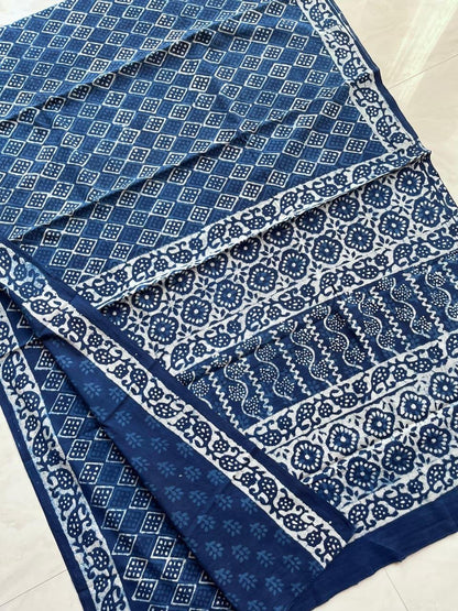 Soft Block Printed  Mulmul Cotton Saree (INDIGO)