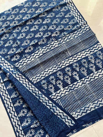 Soft Block Printed  Mulmul Cotton Saree (INDIGO)