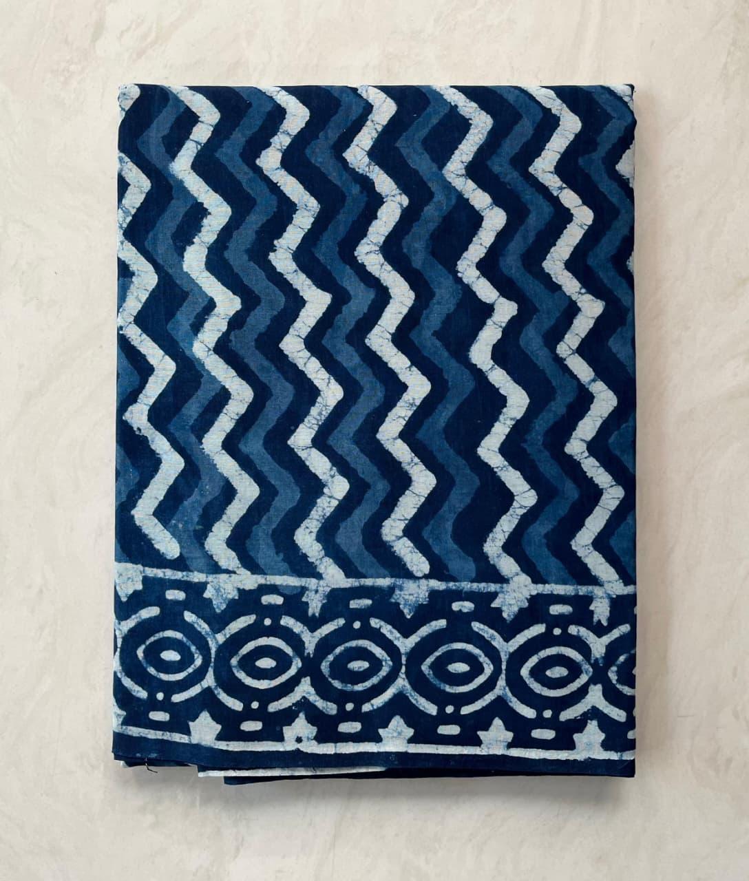Soft Block Printed  Mulmul Cotton Saree (INDIGO)