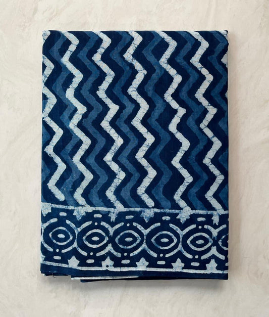 Soft Block Printed  Mulmul Cotton Saree (INDIGO)