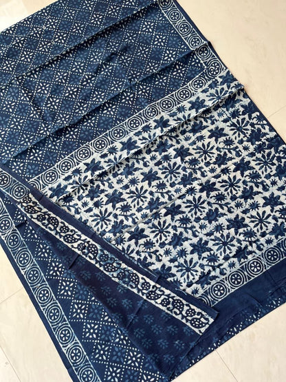 Soft Block Printed  Mulmul Cotton Saree (INDIGO)