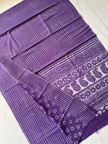 Soft Block Printed  Mulmul Cotton Saree (PURPLE)