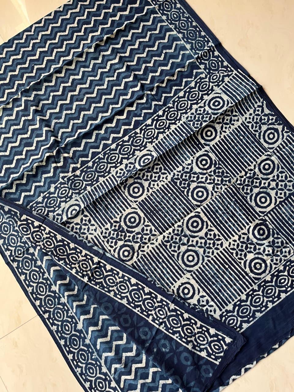 Soft Block Printed  Mulmul Cotton Saree (INDIGO)