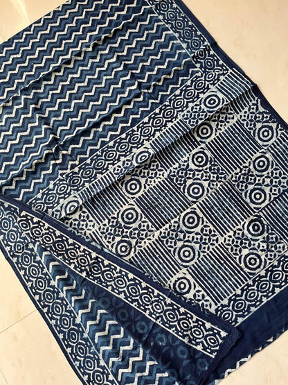 Soft Block Printed  Mulmul Cotton Saree (INDIGO)