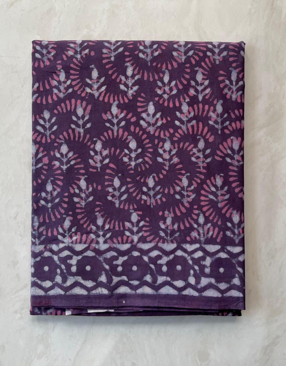 Soft Block Printed  Mulmul Cotton Saree (PURPLE)