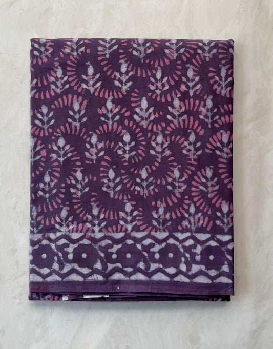 Soft Block Printed  Mulmul Cotton Saree (PURPLE)