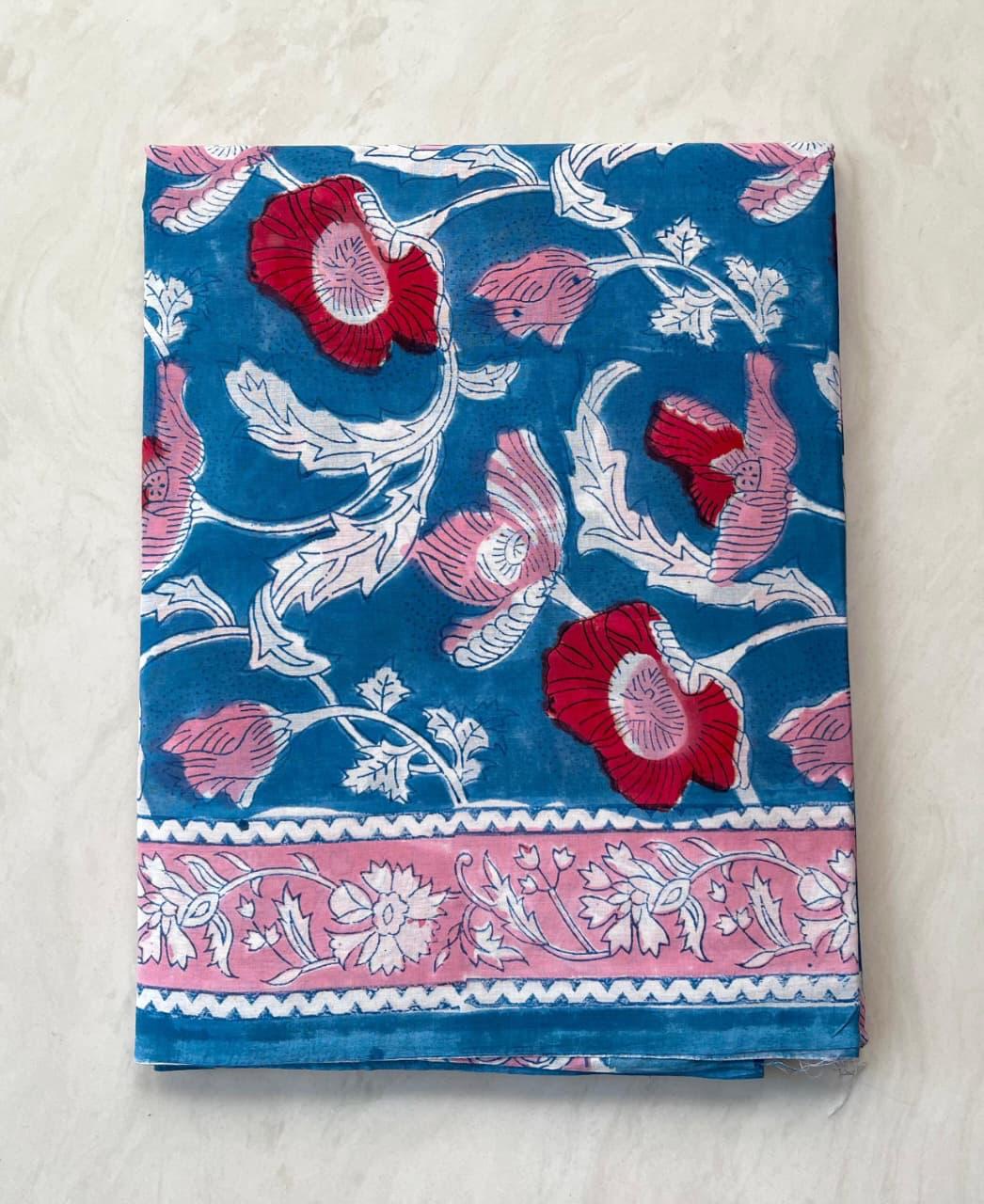 Soft Block Printed  Mulmul Cotton Saree (BLUE)