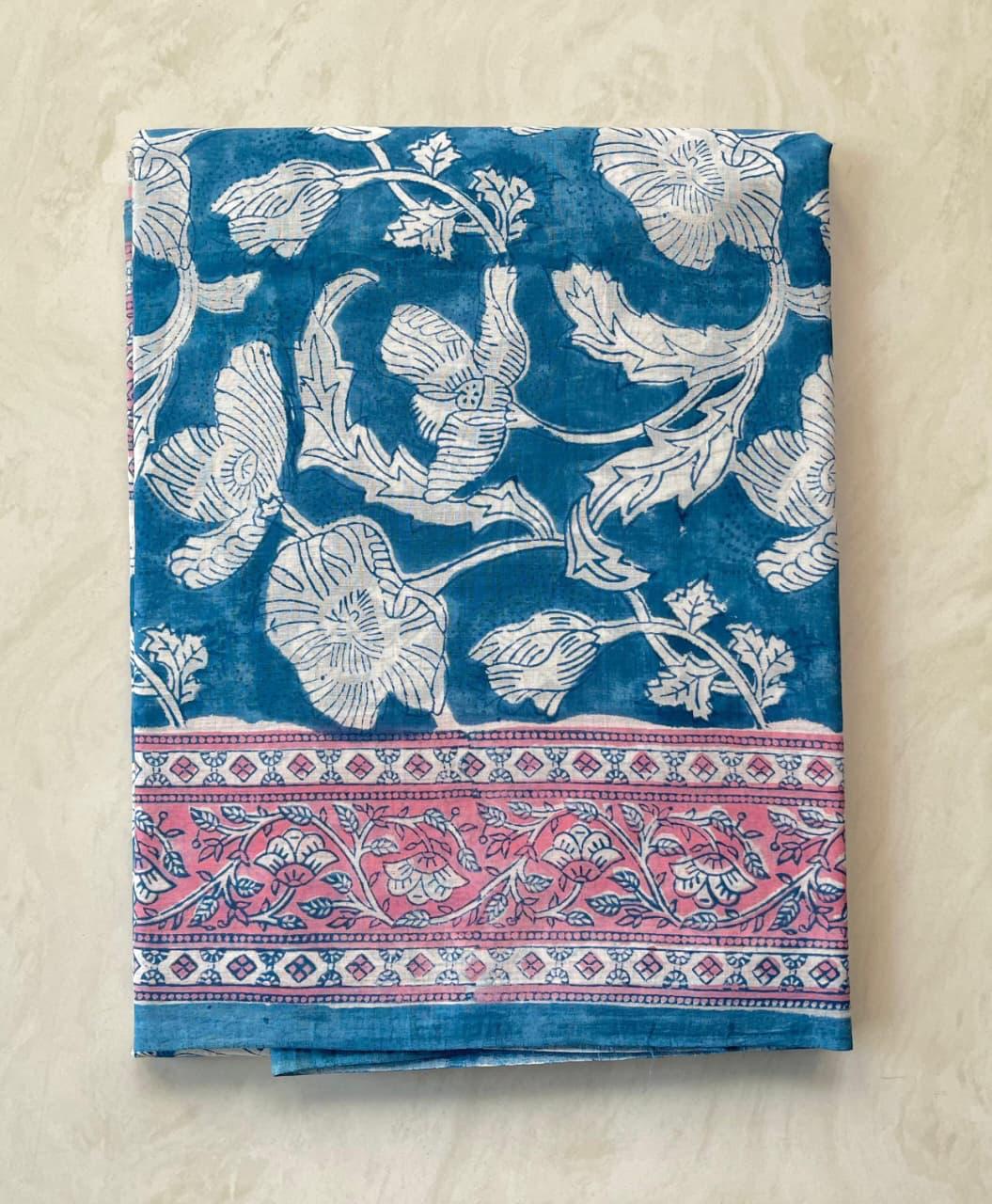 Soft Block Printed  Mulmul Cotton Saree (BLUE)