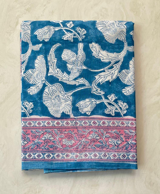 Soft Block Printed  Mulmul Cotton Saree (BLUE)